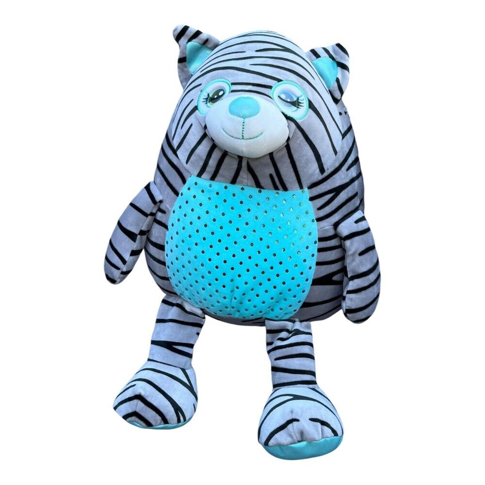 Cat Holiday Time Squishy Gray/Aqua Striped Kitty Plush Flip Eyes 17” Walmart